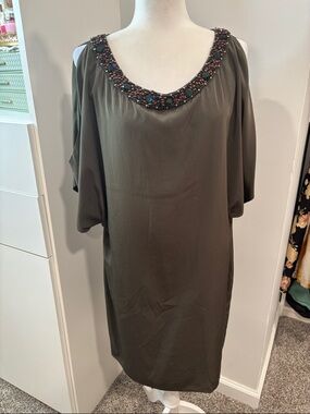 Adrianna Papell Olive Beaded One-Shoulder Shift Dress